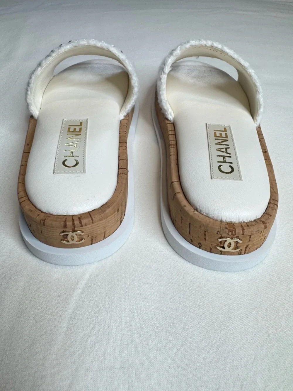 Chanel White Fabric Pearl Cork CC Slip On Slides Shearling Sandals Authentic 37